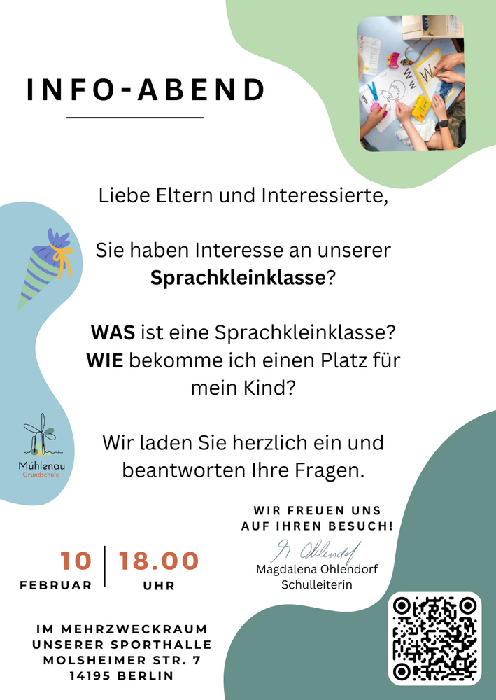 Einladung Informationsabend Sprachkleinklasse mit Ort und Datum