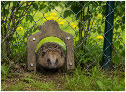 Ein Igel schaut aus einem kleinen Holztor